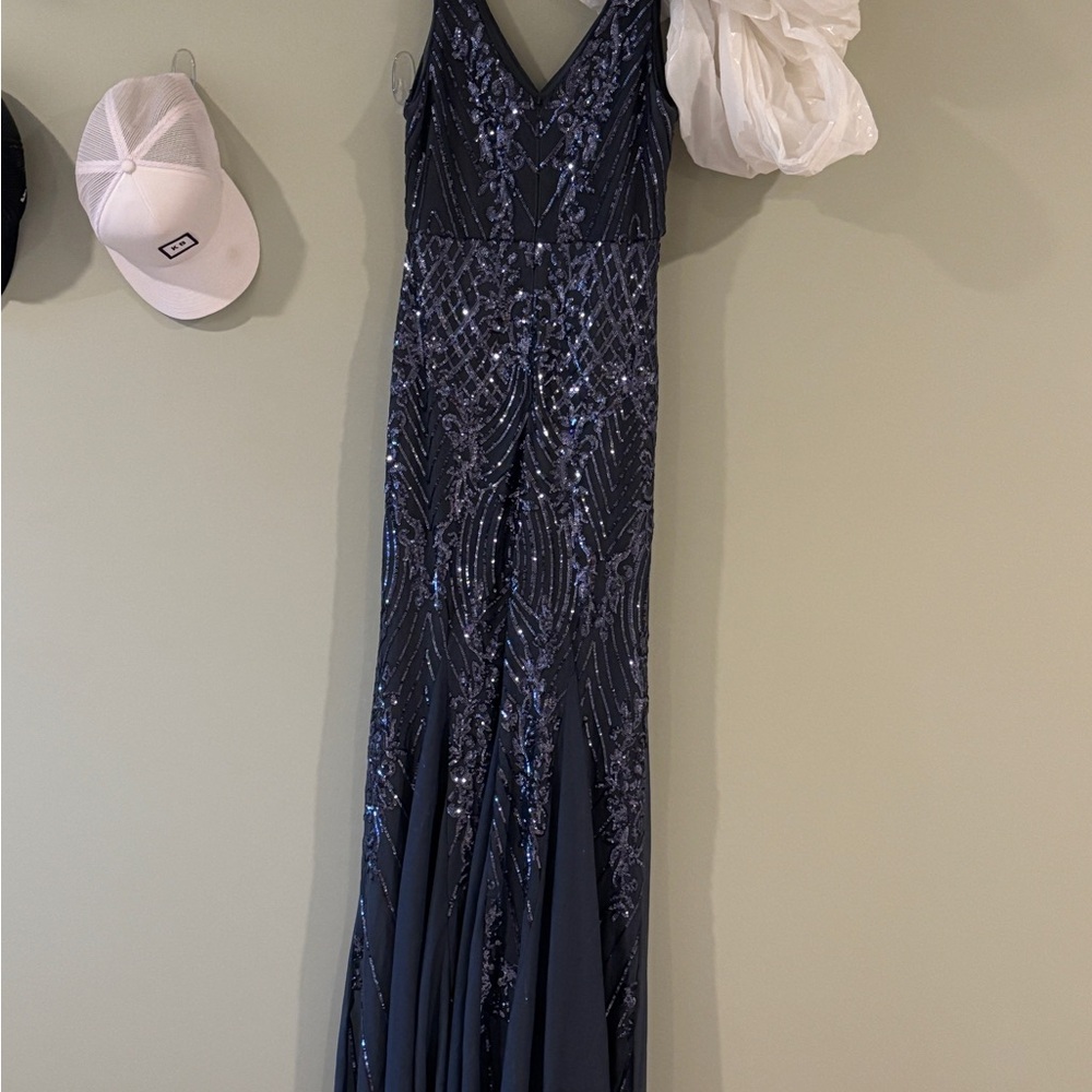 Signature Blue Sequin Maxi Gown V-Neck Prom